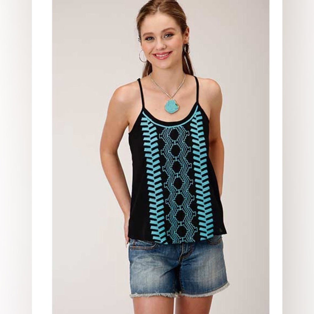 Roper Womens Black Turquoise Embroidered Cage Back Cami Tank Top Medium NEW